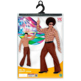 Packaging for 70s brown flared mens trousers