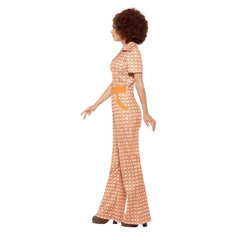 70s chic jumpsuit costume in orange and brown