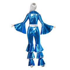 Blue 1970s Dancing Dream costume with flared sleeves and silver star trim – disco jumpsuit for women