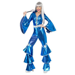 70s Dancing Dream Costume Blue disco jumpsuit with flared sleeves and silver star trim