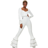 White 70s glam ruffled disco jumpsuit