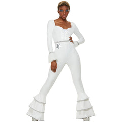 White 70s glam ruffled disco jumpsuit