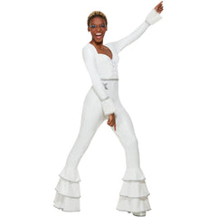 White 70s glam ruffled disco jumpsuit