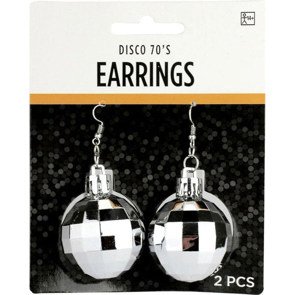 Silver disco ball earrings with hook for pierced ears