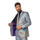 Detail of retro fabric on 70s disco baller suit costume