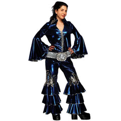 1970s disco costumes with flared sleeves and frilled pants for hire in Brisbane