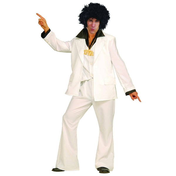 Alternate view of the 70s Disco Fever Men's White Suit showing the white flared pants and jacket with attached shirt and vest fronts, capturing the iconic disco style from a different angle.