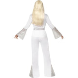 Back view of 70s Disco Lady costume showing white flared pants with silver sequin inserts, white long sleeve top with silver sequin trim, and sash.
