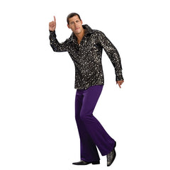 70s Disco Shirt black with silver stars and wide collar retro costume shirt
