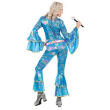 Back view of 70s disco blue jumpsuit