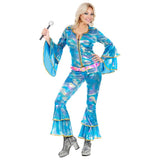 Ladies blue disco jumpsuit with flared sleeves and pants