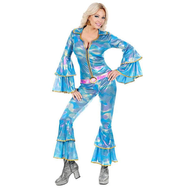 Blue 70s disco jumpsuit with ABBA vibe, flared sleeves and legs, includes belt