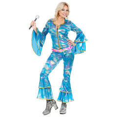 70s disco style blue jumpsuit with flared sleeves