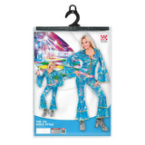 Packaged blue disco costume with a model on a white background.