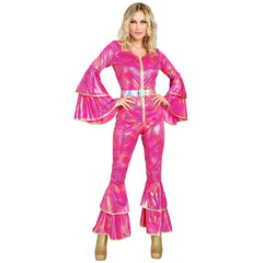 70s disco style pink jumpsuit costume with matching belt