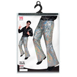 Packaged costume with silver disco pants and black jacket on a white background