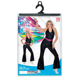 Ladies retro jumpsuit with colourful glitter effect print packaging