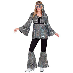 Ladies 70s disco style costume with black and metallic silver wave fabric shirt, flared pants, and headband
