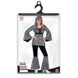 Packaging for 70s disco style silver waves costume for women