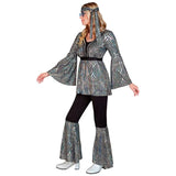 Side view of 70s disco black and silver waves flares and top