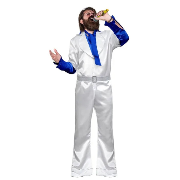 Men’s 70s white disco jumpsuit with blue satin details and sequin belt