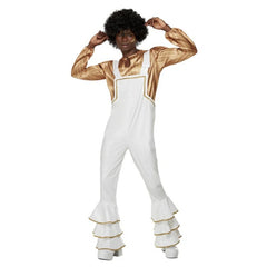 Adult 70s glam disco costume with white dungarees and gold shirt