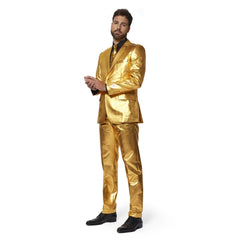 70s Groovy Gold OppoSuit Premium Mens Suit in luxurious shiny fabric, premium well cut style with pockets.
