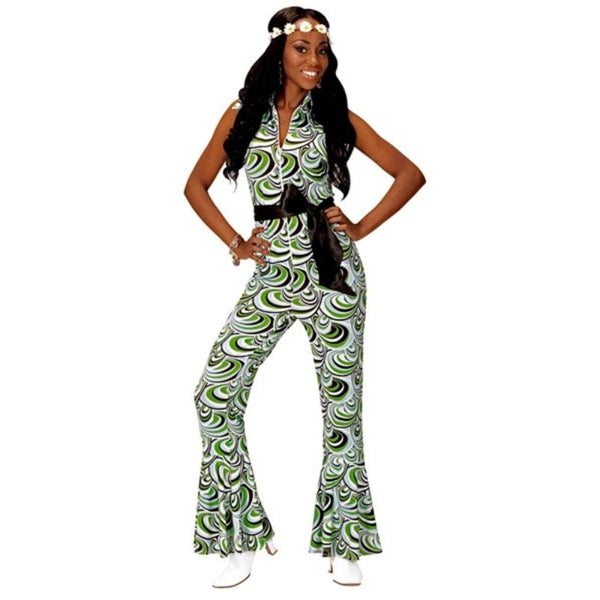 70s groovy style jumpsuit green wave print front view