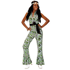 70s groovy style jumpsuit green wave print front view