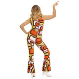 70s groovy jumpsuit with tube print in greens, brown and orange