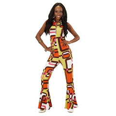 Man wearing a retro 70s disco jumpsuit with colourful geometric tubes print