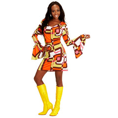 Woman wearing a retro 70s disco dress with colourful tubes print and flared sleeves