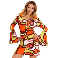 Woman wearing a retro 70s disco dress with colourful tubes print and flared sleeves