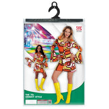 Ladies retro disco outfit with orange geometric pattern packaging