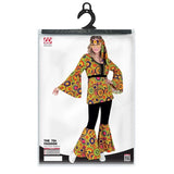 Packaging for adult 1970s disco costume featuring yellow circle print shirt, flared pants and coordinating headband