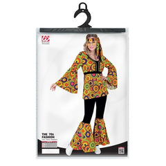 70s groovy yellow circles disco costume for adults with patterned shirt, flared pants and matching headband