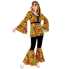 70s groovy yellow circles disco costume for adults with patterned shirt, flared pants and matching headband