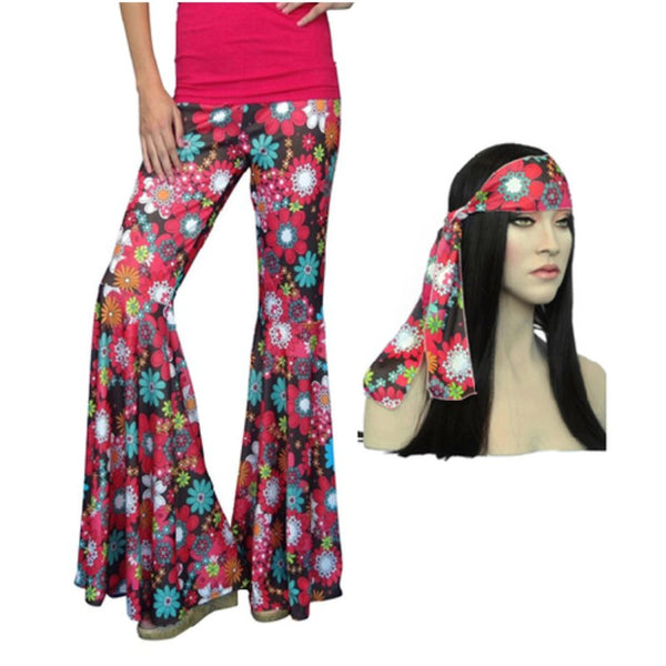 70s Hippie bellbottom pants in dark floral with matching headband.