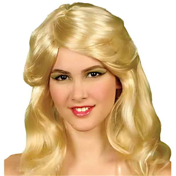 70s Ladies Blonde Wig, shoulder length with flick fringe.