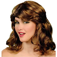 70s Ladies Brunette Wig, shoulder length with sweeping fringe.