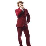 1970s newsreader costume with burgundy suit, vest, shirt, and tie for hire in Brisbane