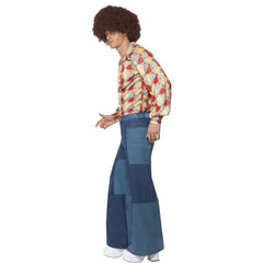 Men’s 1970s blue patchwork flared trousers – perfect for disco and retro parties