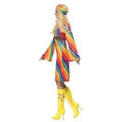 70s Rainbow Hippie Costume featuring rainbow-striped dress with bell sleeves and matching headband, ideal for themed parties and celebrations.