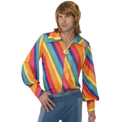 1970s men’s rainbow shirt with wide collar and full sleeves – perfect for disco or retro events