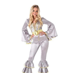 70s Silver Disco Jumpsuit with Yellow Trim - Karnival, jumpsuit with 3 frills at hemline, full sleeves and lace up bodice.