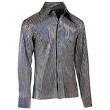Close up view of 70s silver metallic disco shirt