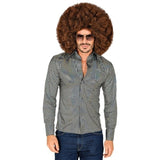 Man wearing 70s Silver Disco Shirt with black and silver metallic square design