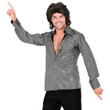 Men's 70s Silver Disco Shirt with metallic square pattern – front view