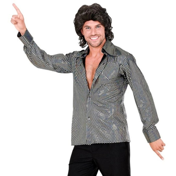 Men's 70s Silver Disco Shirt with metallic square pattern – front view