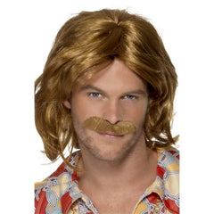 Brown shoulder-length wig styled with a 70's Super Trooper vibe, paired with a matching moustache, perfect for channelling an ABBA-inspired look.
